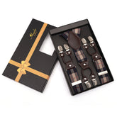Men's Elastic Y Blue Beige Check Strap Dual Clip on High Quality Premium Suspenders - Amedeo Exclusive